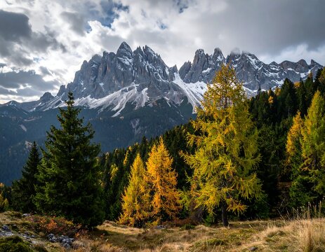Mountain range backdrop with trees in fall colors under cloudy skies - Powered by Adobe