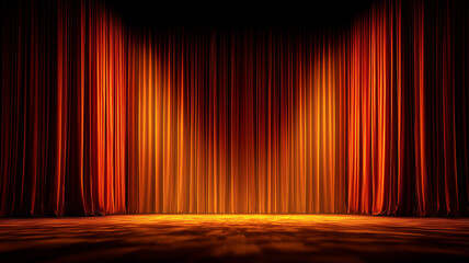 Red stage curtain with golden highlights. a wide, empty theater scene with soft lighting and space for text or decoration. perfect symmetrical. Ai generated
