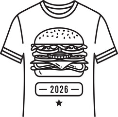 Modern 2026 burger T-shirt design, minimalist black and white food vector illustration