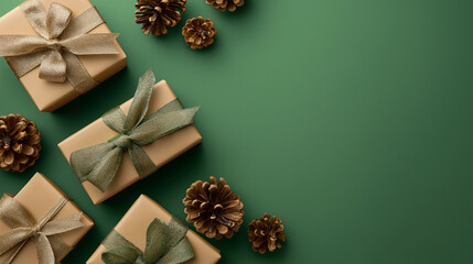 An elegant arrangement of wrapped gifts and pine cones artfully displayed. Evoking the spirit of gifting and seasonal festivities, creating a sense of warmth and anticipation. 