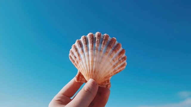A hand holding a scallop shell up to a bright blue sky.