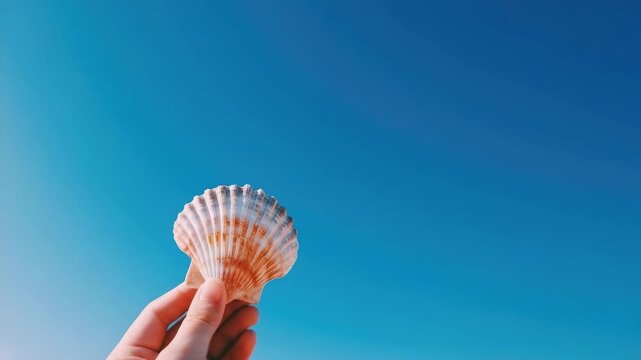 A hand holding a seashell against a clear blue sky.