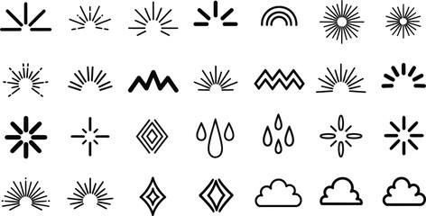 Fototapeta premium Line art design element icon set with raindrop, rainbow, clouds and sun rays