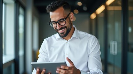 Confident businessman wearing glasses using digital tablet in modern office environment, symbolizing technology, productivity, and corporate success.