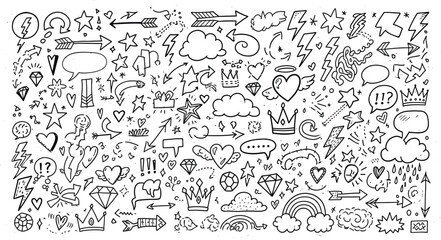 Line art doodle elements Arrows, crowns, diamonds, hearts, clouds on white space
