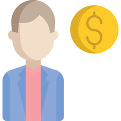 Faceless man with light brown hair wearing a blue suit jacket over a pink shirt with a gold coin displaying a dollar sign next to him in flat design illustration style