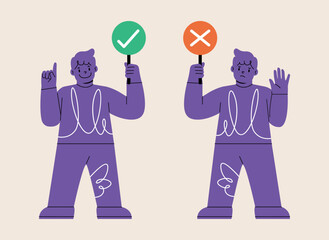 Boy standing holding with right and wrong signs. Colorful vector illustration