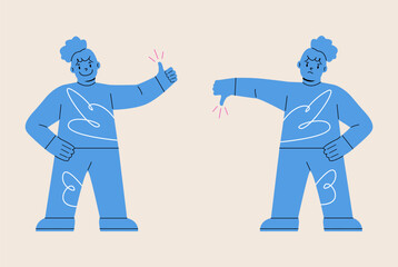 Girl show hand gesture thumb up and thumb down. Colorful vector illustration