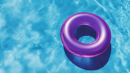 Top view of a purple inflatable ring floating on the blue water of a swimming pool, a summer vacation concept. Ai generated