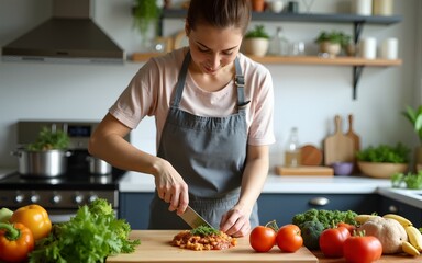 Woman cooking healthy food. High quality