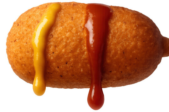 Corn dog with dripping mustard and ketchup sauce on a stick, fast food snack on transparent background