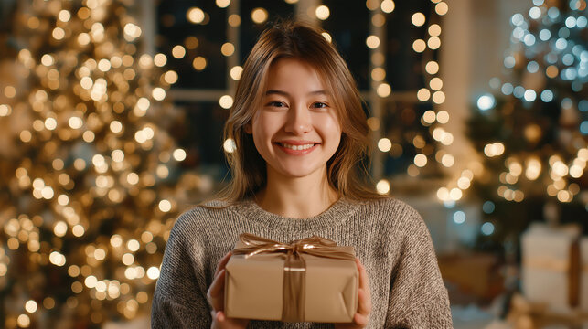 A woman radiates festive warmth as she holds a Christmas gift, surrounded by the soft glow of fairy lights. It captures the joy and anticipation of the holiday season, creating a heartwarming scene.