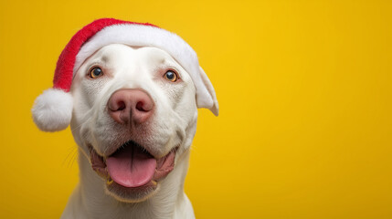 A cheerful canine, donning a festive Santa hat, radiates holiday spirit and festive joy against a vibrant yellow background.