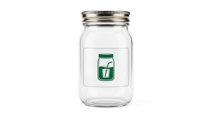 Glass jar with green logo label on white background illustration