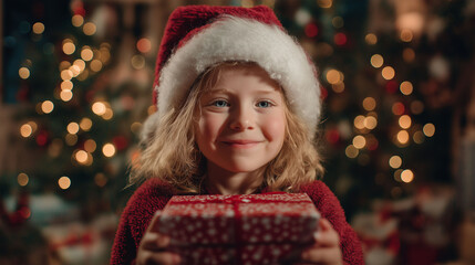 A heartwarming Christmas scene features a joyful child in a festive red hat and sweater, holding a beautifully wrapped gift. Glittering Christmas lights adorn the backdrop.