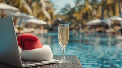 Christmas holiday in tropical with computer and wine glass. The Santa hat and a glass of champagne sit in a beautiful tropical setting, the laptop suggesting a blend of work and leisure.