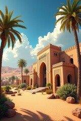 Ancient desert fortress with palm trees and sand dunes under a blue sky