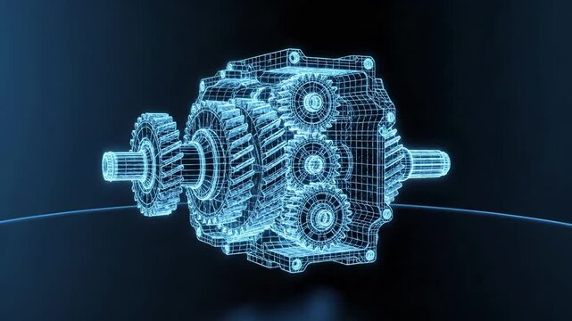 wireframe model of gearbox transmission mechanism with gears and components. Digital twin cad engineering blueprint for automotive powertrain design. Technical mechanical visualization and industrial