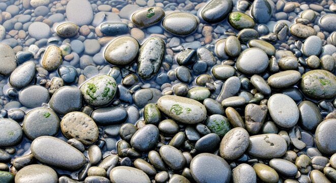 Wet Smooth River Rocks Pebble Beach Texture Natural Stone Background Detail