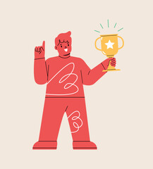 Boy winning holding a trophy. Colorful vector illustration
