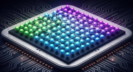 Abstract neural network concept with colored nodes on a chip