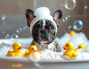 A French bulldog in a bubble bath filled with rubber ducks