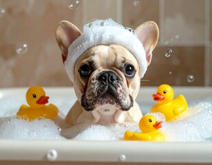 A French bulldog in a bubble bath filled with rubber ducks
