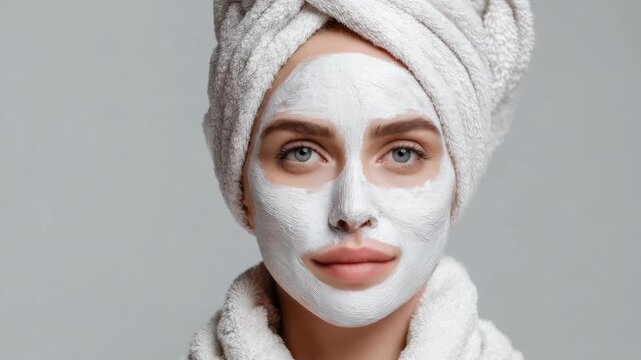 Woman with a white facial mask, towel wrapped around her head, looking at the camera.