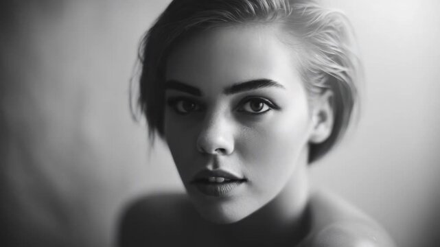 Black-and-white close-up portrait of a woman with short hair, gazing to the left, with soft light and shallow depth of field.