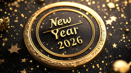 Golden new year 2026 emblem with stars and sparkles on a black background for festive celebrations
