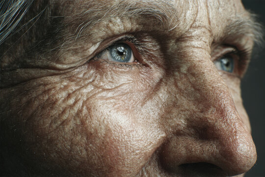 A close-up of an elderly woman's eyes. The eyes are a dull gray color.