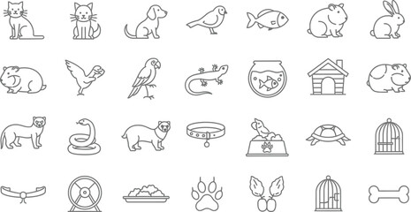 Obraz premium Line Art Pets and Supplies Set Cat, Dog, Bird, Fish, Rabbit, Snake, Food, and More