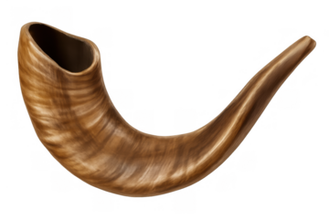 Shofar, ancient ram's horn instrument, symbolizing rosh hashanah and yom kippur jewish holidays on transparent background