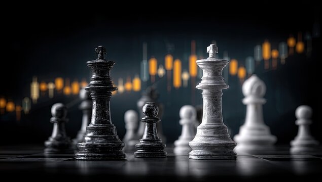 Chess pieces on a board, financial chart in the background