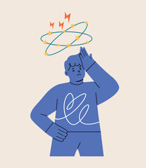 Boy showing symptoms of headache and dizziness. Colorful vector illustration