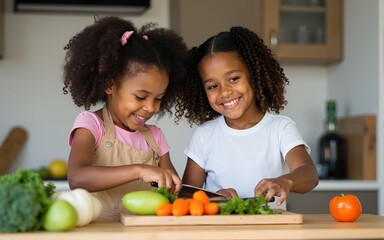 African and Caucasian little girls best friends cooking together in modern kitchen. Multiracial cousins hold knives cutting vegetables on wooden board prepare healthy salad making surprise for parents