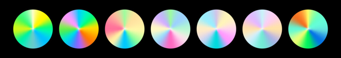 Luminous holographic swatch in iridescent gradient hues. Iridescent reflections play with light, giving each gradient swatch a glossy look.