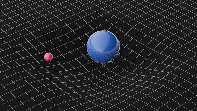 General Relativity Spacetime Fabric - Massive Sphere Warps Grid, Small Sphere Spirals Inward 3D computer generated animation

