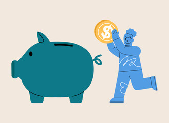 Girl putting coins in big piggy bank. Colorful vector illustration
