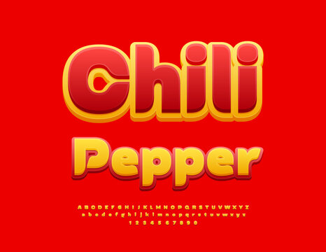Vector Marketing flyer Chili Pepper. Bright Yellow and Red Font. Artistic Alphabet Letters and Numbers set