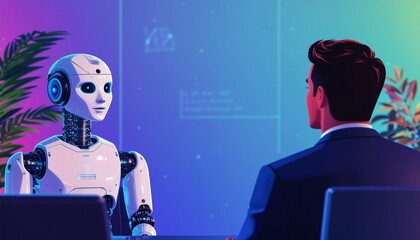 An AI robot engaged in a futuristic business meeting with a person