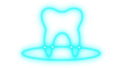 Glowing neon tooth icon representing excellent dental health and modern dentistry, with a vibrant electric cyan outline and digital aesthetic, isolated on transparent background.