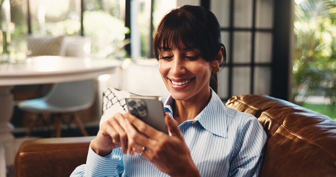 Scroll, smile or woman on couch with phone, online reading and message on social media. Happiness, chat and mature person in house with tech, e book subscription and email update on digital app.