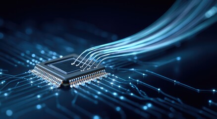 Close-up of a CPU chip on a circuit board, with glowing light trails