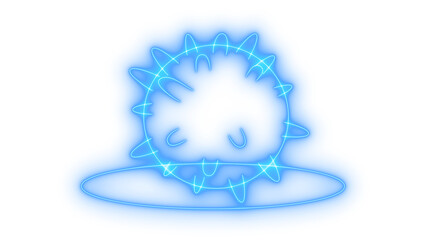 Abstract glowing blue neon virus or bacteria cell illustration, symbolizing a microscopic pathogen and infection concept, for medical and scientific themes, isolated on transparent background.