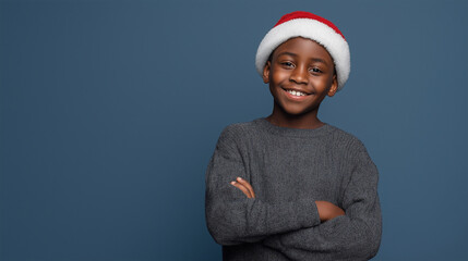 A cheerful African boy radiates joy in a Santa hat, a symbol of holiday spirit and youthful exuberance.
