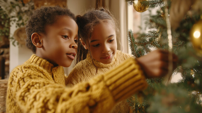 Two young siblings share a heartwarming moment, their faces filled with delight as they decorate a Christmas tree, radiating the joy of the holiday season and the spirit of togetherness.