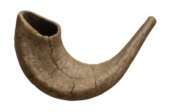 Shofar horn showing ancient cracks and texture, symbolizing tradition, faith, and ritual sound on transparent background