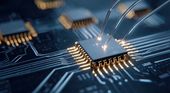 Close-up of microchip soldering on circuit board