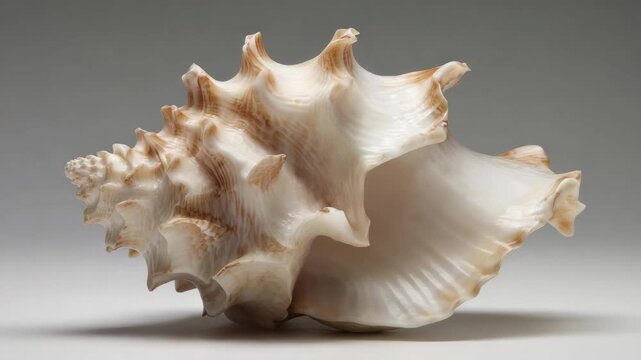 A large white and tan spiny conch shell with ridged, flared edges on a neutral background.